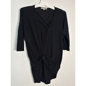 Express One Eleven Black Lattice V-Neck Front Knot Dolman Top Medium